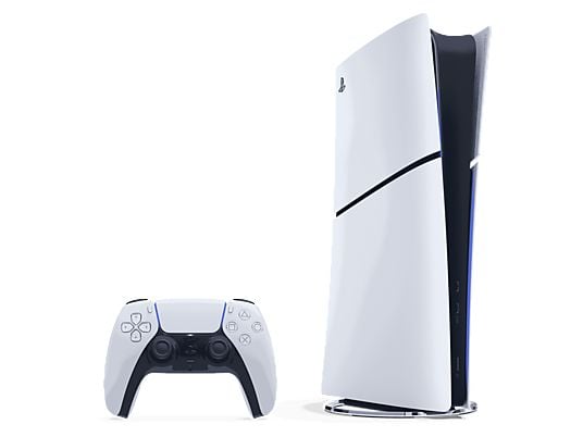 Sony PS5 Slim Digital Edition console in white with 825 GB SSD and one controller, displayed on a neutral background.